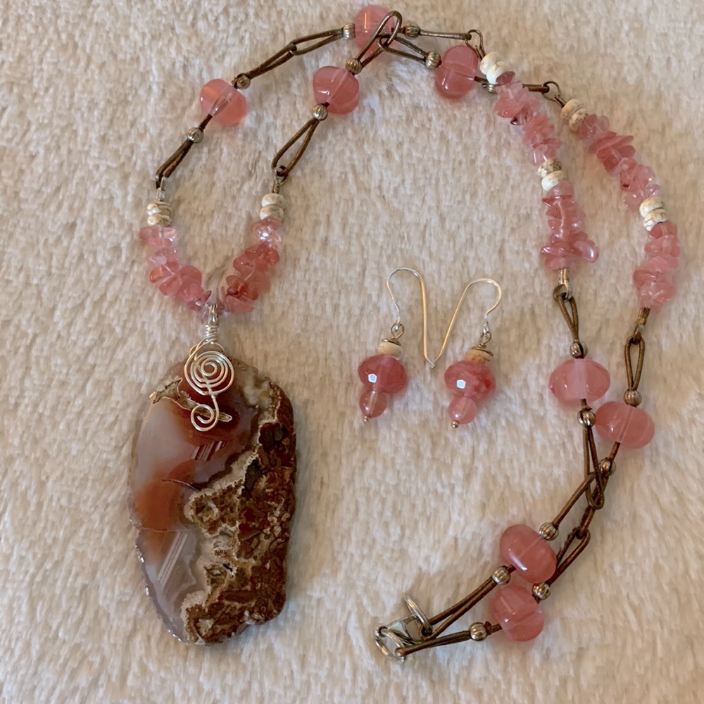 Agate & Quartz Long Length Pendant Necklace and Earrings Set